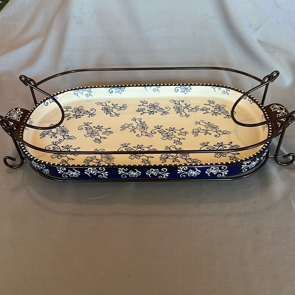 Temptations Other - 2 Piece Temptations Floral Lace Cobalt Blue 3.0 Qt Lid-It Serving Dish & Rack